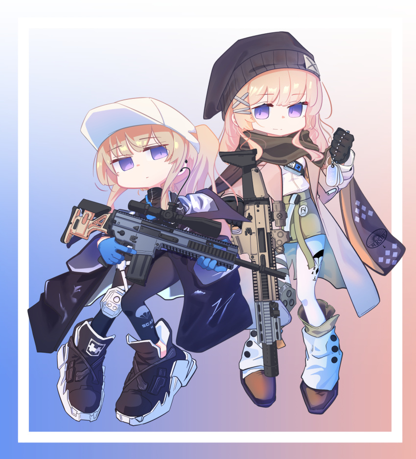 1girl 2girls assault_rifle baseball_cap beanie black_coat black_footwear black_leggings black_scarf black_shirt blonde_hair blue_gloves boots border breasts brown_coat brown_hair character_name chibi clenched_hand cloak closed_mouth coat earrings fanny_pack fn_scar fn_scar_16 fn_scar_17 girls_frontline gloves green_skirt gun hat headphones hexaa highres holding holding_dog_tags holding_weapon jewelry knee_pads leggings long_hair long_sleeves looking_at_viewer medium_breasts multiple_girls off_shoulder optical_sight pantyhose ponytail rifle scar-h_(girls'_frontline) scar-l_(girls'_frontline) scarf scope shirt shirt_tucked_in shoes single_knee_pad skirt smile suppressor trigger_discipline turtleneck two-tone_background violet_eyes weapon white_border white_headwear white_pantyhose white_shirt wide_sleeves