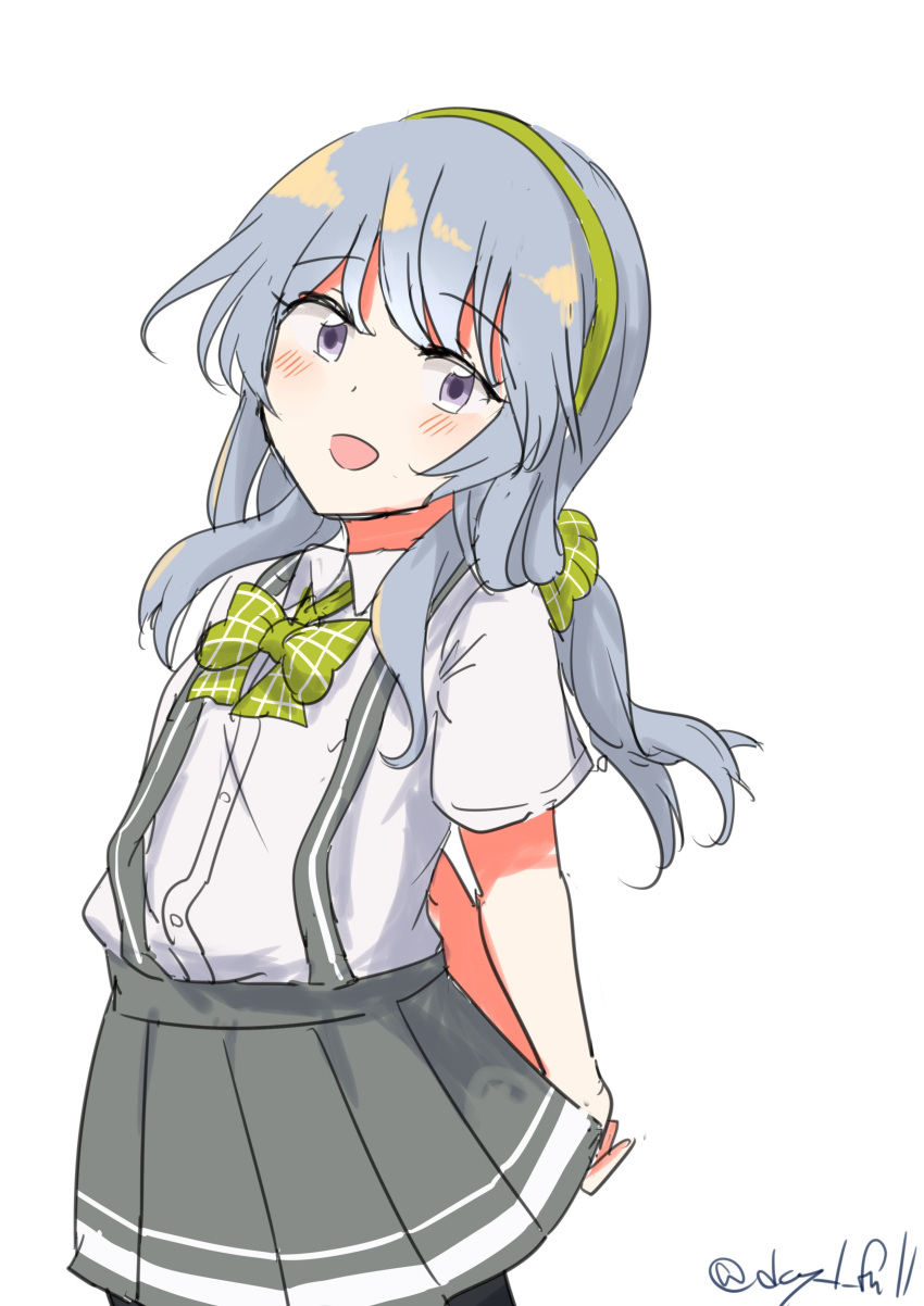 1girl absurdres bow bowtie collared_shirt cowboy_shot dress_shirt green_bow green_bowtie green_hairband grey_eyes grey_hair grey_skirt hairband highres kantai_collection low_ponytail one-hour_drawing_challenge plaid plaid_bow plaid_bowtie robinson_(day_l_full) shirt simple_background skirt smile solo suspender_skirt suspenders twitter_username white_background white_shirt yamagumo_(kancolle)