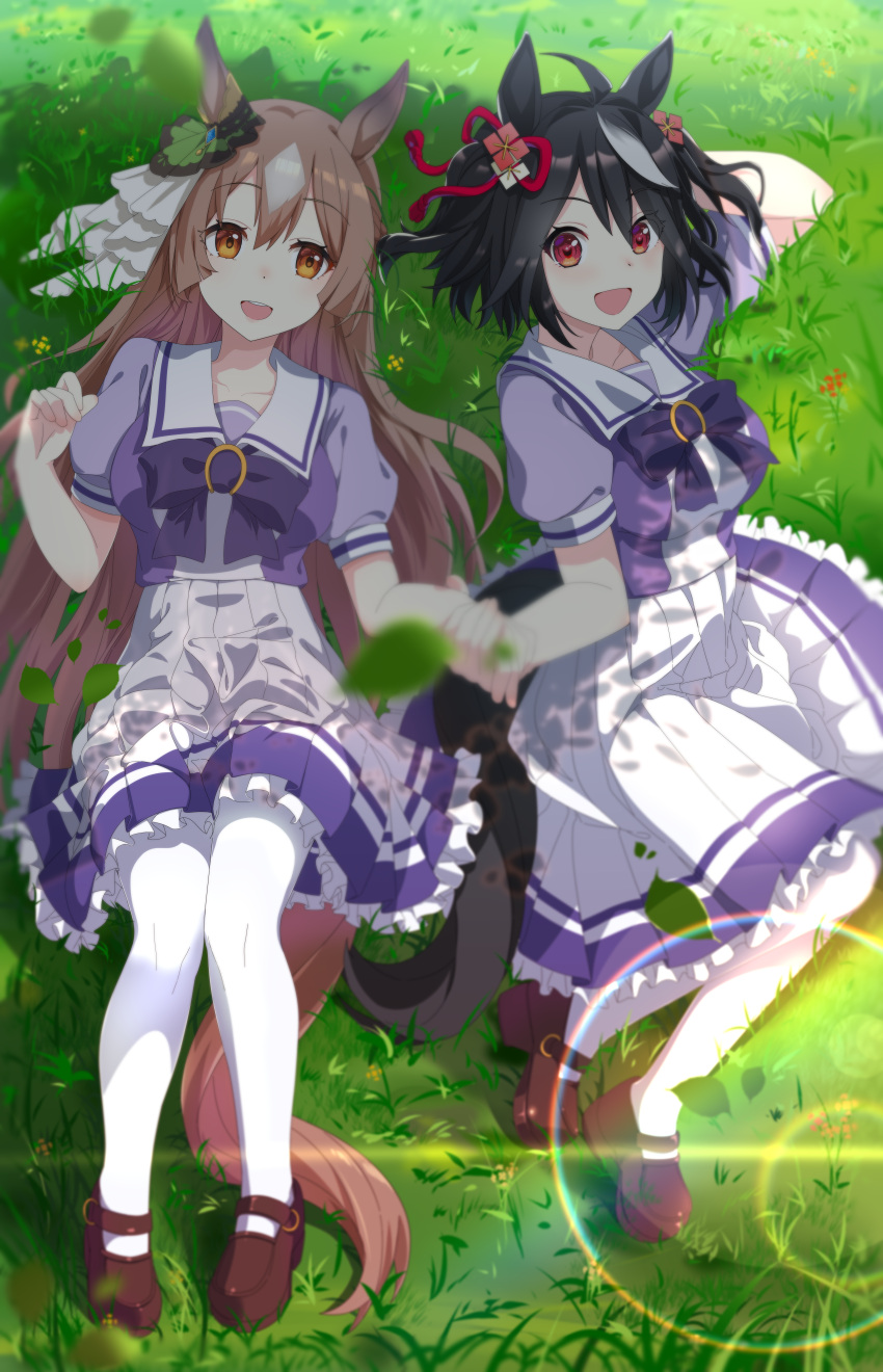 2girls absurdres ahoge akimio animal_ears black_hair blue_bow blue_bowtie blurry bokeh bow bowtie breasts brown_footwear brown_hair collarbone commentary_request depth_of_field diamond_(shape) double-parted_bangs ear_ornament falling_leaves frilled_skirt frills full_body hair_between_eyes hair_ornament hair_ribbon highres holding_hands horse_ears horse_girl horse_tail kitasan_black_(umamusume) large_breasts leaf loafers long_hair looking_at_viewer looking_to_the_side lying multicolored_hair multiple_girls on_grass open_mouth orange_eyes outdoors pantyhose partial_commentary pleated_skirt puffy_short_sleeves puffy_sleeves purple_shirt red_eyes red_ribbon ribbon sailor_collar satono_diamond_(umamusume) school_uniform shirt shirt_tucked_in shoes short_hair short_sleeves skirt smile streaked_hair summer_uniform tail teeth tracen_school_uniform two_side_up umamusume upper_teeth_only white_hair white_pantyhose white_sailor_collar white_skirt
