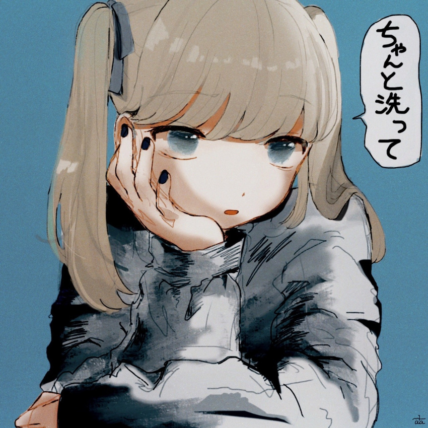 1girl black_nails blonde_hair blue_background blue_eyes ccnaov grey_ribbon grey_sweater hair_ribbon hand_on_own_cheek hand_on_own_face hand_up highres long_hair long_sleeves looking_at_viewer nail_polish open_mouth original ribbon simple_background solo speech_bubble sweater translation_request twintails upper_body