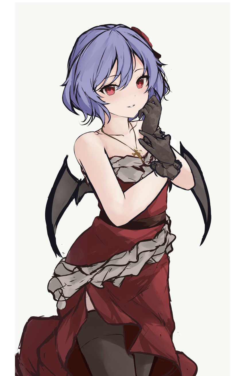 1girl absurdres alternate_costume bat_wings black_thighhighs closed_mouth dress grey_background highres jewelry looking_at_viewer orchid_(orukido) parted_lips pendant purple_hair red_dress red_eyes remilia_scarlet short_hair sile simple_background sketch solo thigh-highs touhou wings
