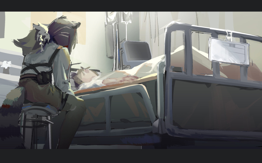 1girl animal_ears arknights bed brown_hair brown_pantyhose hospital_bed indoors intravenous_drip iv_stand letterboxed long_hair long_sleeves lying pantyhose ponytail raccoon_ears raccoon_girl raccoon_tail robin_(arknights) shirt sitting stool tail tail_through_clothes tosuta white_shirt