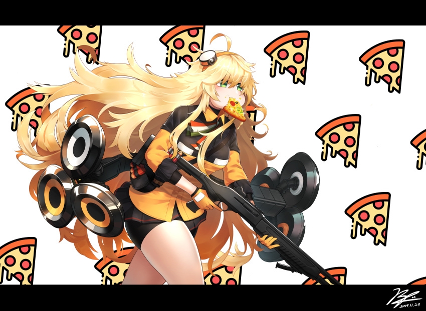 1girl absurdres ahoge bell_pepper_slice bike_shorts black_gloves black_jacket black_shorts black_skirt blonde_hair blush breasts commentary_request dated fabarm_sat-8 food food-themed_background food_in_mouth food_on_face girls_frontline gloves green_eyes gun hair_between_eyes hair_ornament hairband highres holding holding_gun holding_weapon italian_flag italian_flag_print jacket korean_commentary large_breasts letterboxed long_hair long_sleeves messy_hair mixed-language_commentary mouth_hold multicolored_clothes multicolored_jacket neck_ribbon olive orange_gloves orange_hairband orange_jacket partial_commentary pepperoni pizza pizza_background pleated_skirt print_ribbon puffy_cheeks redshark7839 ribbon s.a.t.8_(girls'_frontline) shield shield_module shorts shotgun shotgun_shell signature simple_background skindentation skirt solo trigger_discipline two-sided_gloves two-tone_jacket v-shaped_eyebrows very_long_hair weapon white_background