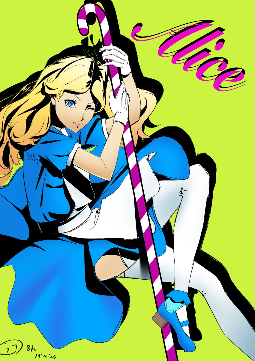 1girl absurdres alice_(alice_in_wonderland) alice_(megami_tensei) alice_in_wonderland apron blonde_hair blue_dress blue_eyes blue_footwear candy candy_cane character_name commentary_request dated dress ebata_kyouhei food from_side gloves green_background highres holding holding_candy holding_candy_cane holding_food long_hair looking_at_viewer medium_dress one_eye_closed shadow shin_megami_tensei shoes signature smile solo thigh-highs white_apron white_gloves white_thighhighs