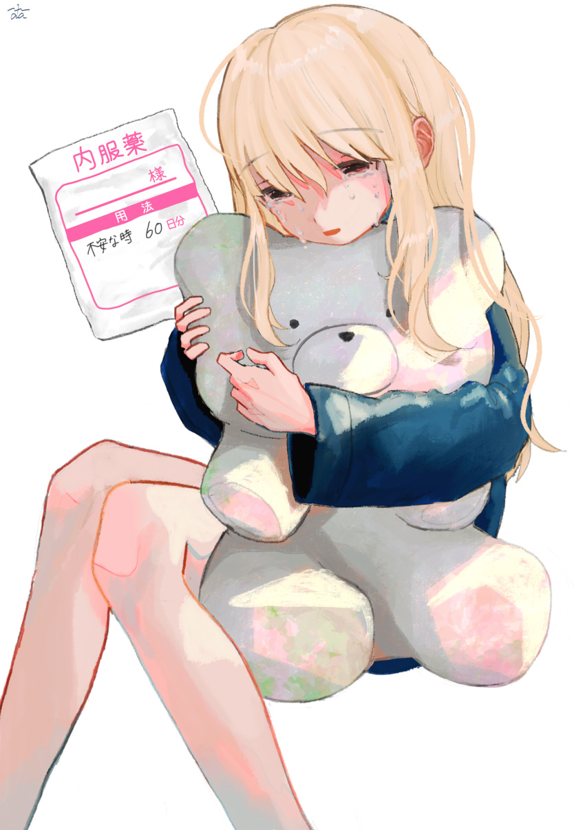 1girl blonde_hair blue_shirt brown_eyes ccnaov crying crying_with_eyes_open feet_out_of_frame hair_between_eyes highres hugging_object large_teddy_bear long_hair long_sleeves open_mouth original paper sad shirt simple_background sitting solo streaming_tears stuffed_animal stuffed_toy tears teddy_bear white_background