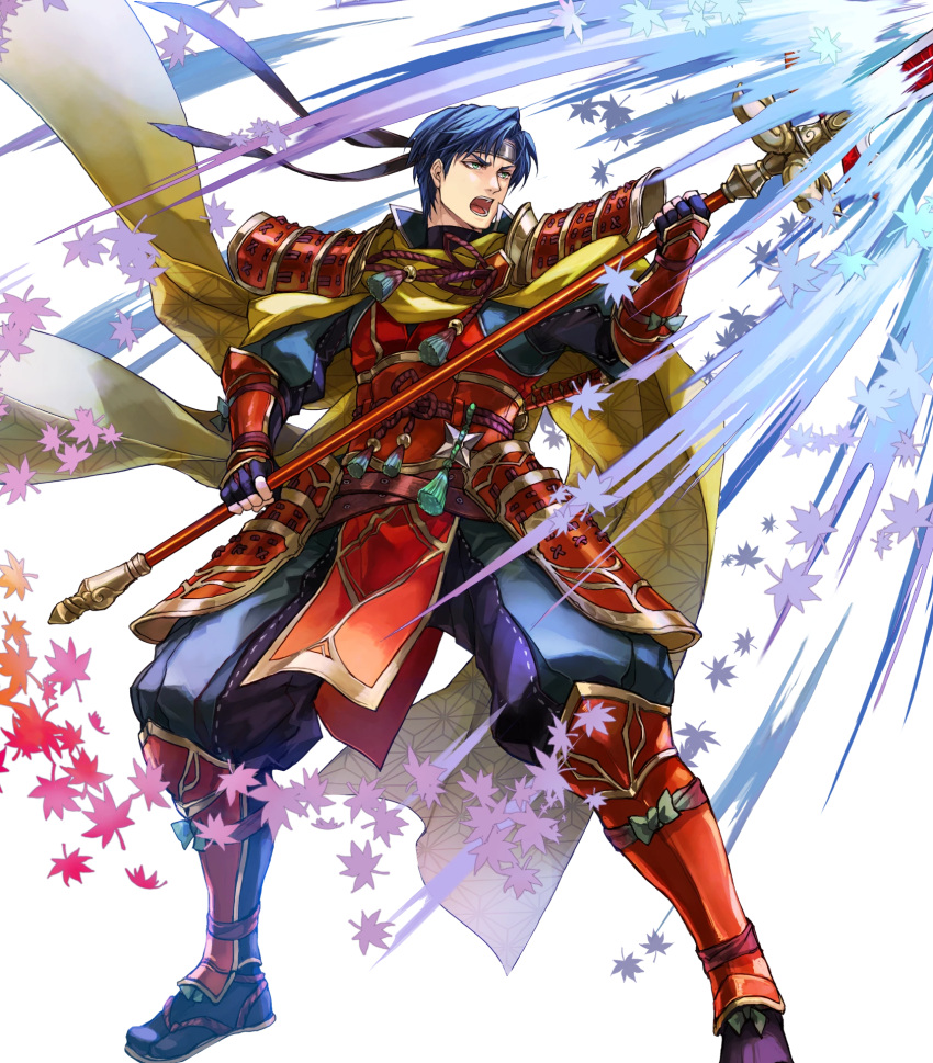 1boy armor attack black_gloves black_hair cape fingerless_gloves fire_emblem fire_emblem:_radiant_dawn fire_emblem_heroes gloves headband highres holding holding_polearm holding_weapon japanese_armor japanese_clothes leaf non-web_source official_alternate_costume official_art open_mouth pelvic_curtain polearm short_hair shoulder_armor solo teeth v-shaped_eyebrows weapon yellow_cape zelgius_(fire_emblem) zelgius_(ninja)_(fire_emblem)