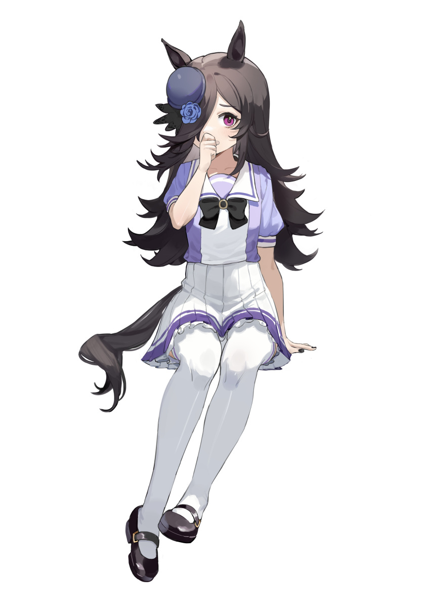 1girl absurdres animal_ears black_bow black_bowtie black_footwear black_nails blush bow bowtie brown_hair buleroses covering_mouth hair_over_one_eye hat highres horse_ears horse_girl horse_tail invisible_chair long_hair mini_hat pleated_skirt purple_headwear purple_shirt rice_shower_(umamusume) shirt shoes simple_background sitting skirt solo tail thigh-highs umamusume violet_eyes white_background white_skirt white_thighhighs