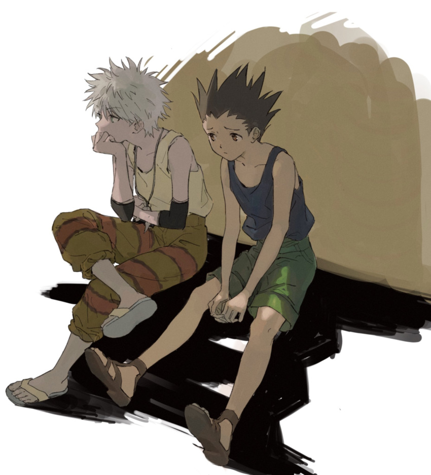 2boys black_hair black_tank_top brown_footwear brown_pants closed_mouth elbow_sleeve flip-flops frown full_body gon_freecss green_eyes green_shorts grey_footwear hand_on_own_chin highres hunter_x_hunter jewelry kgeroua killua_zoldyck male_focus multiple_boys necklace pants red_eyes sandals shadow short_hair shorts sitting spiky_hair tank_top white_background white_hair yellow_tank_top