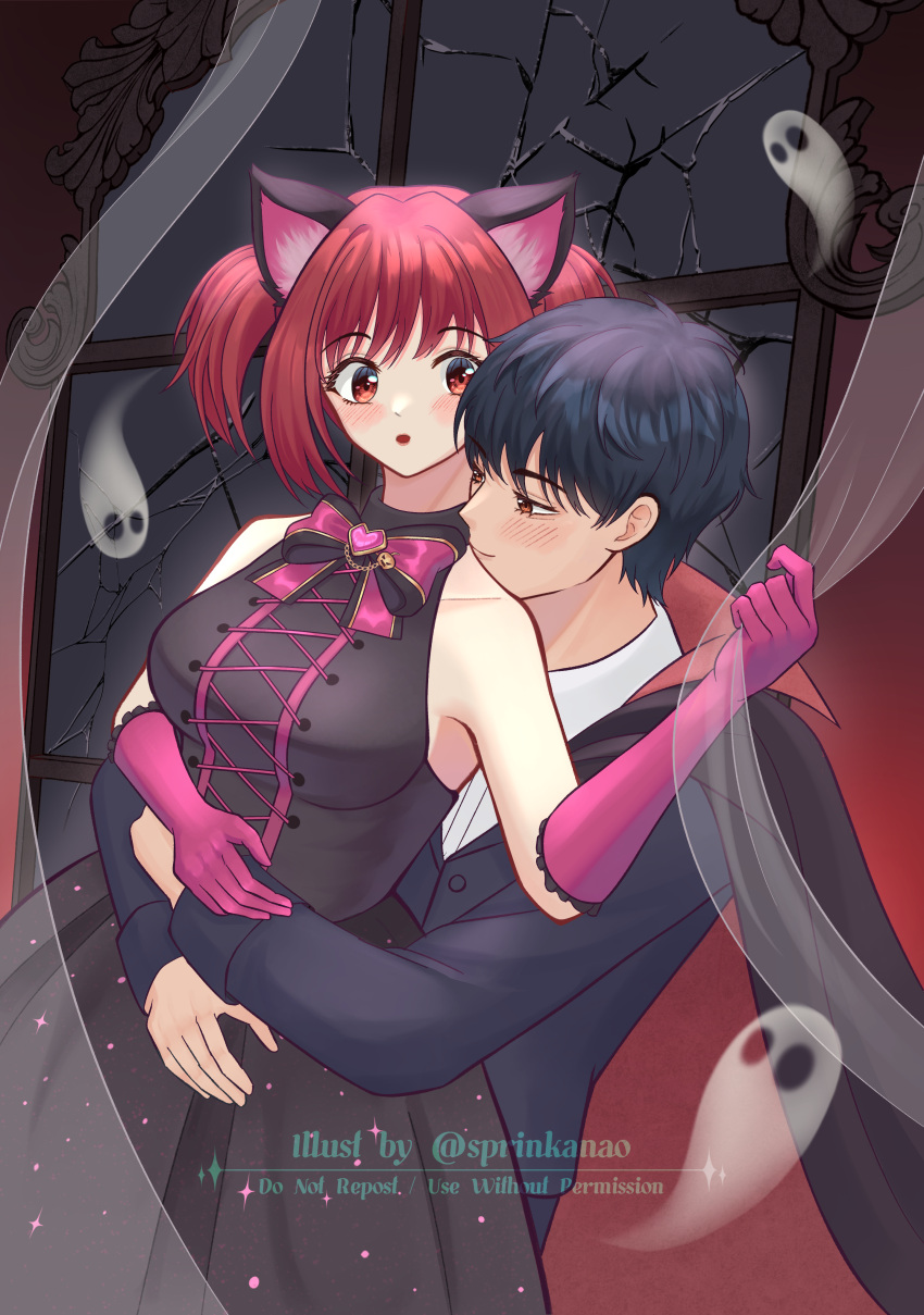 1boy 1girl absurdres animal_ears aoyama_masaya black_cape black_dress black_hair black_suit blush brown_eyes cape cat_ears cat_girl character_request check_character couple dress elbow_gloves english_text ghost gloves highres long_hair momomiya_ichigo open_mouth purple_gloves purple_ribbon red_cape red_eyes redhead ribbon shirt short_hair sidelocks sprinkanao suit tokyo_mew_mew twitter_username two_side_up white_shirt