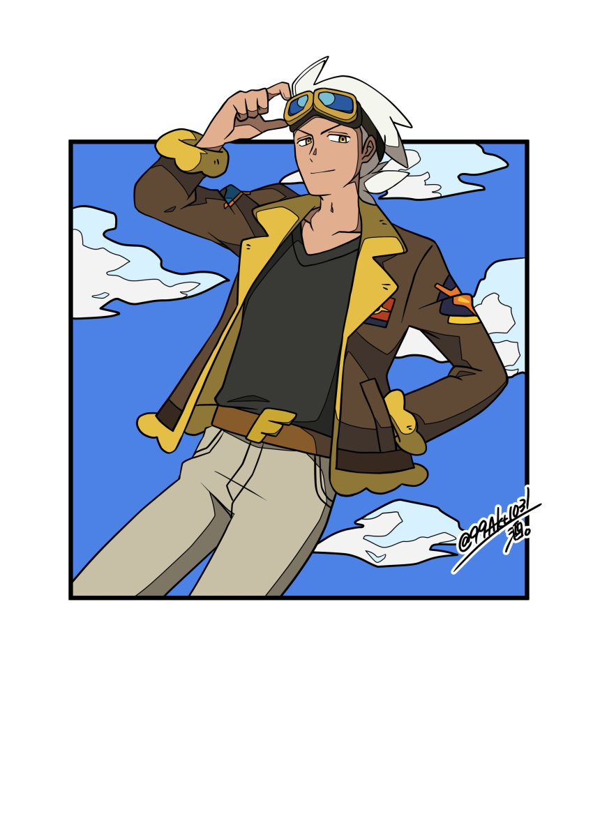 1boy 99akt1031 absurdres adjusting_goggles arm_up belt black_shirt border brown_belt brown_jacket closed_mouth day friede_(pokemon) goggles goggles_on_head hand_in_pocket highres jacket looking_down male_focus open_clothes open_jacket outdoors pants pokemon pokemon_(anime) pokemon_horizons shirt short_hair signature smile solo twitter_username white_border white_hair yellow_eyes