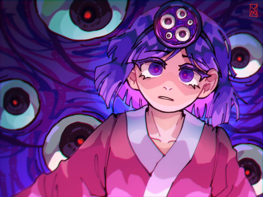 1other androgynous black_hairband blunt_ends collarbone colored_eyelashes empty_eyes extra_eyes hairband head_mirror highres japanese_clothes kimono len'en long_sleeves looking_at_viewer mitsumo other_focus parted_lips pink_kimono purple_background purple_hair red_pupils short_hair signature terumi_(len'en) upper_body violet_eyes waiwa_way
