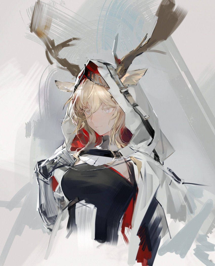 1girl animal_ears antlers antlers_through_hood arknights black_shirt blonde_hair blue_eyes breasts cape deer_antlers deer_ears deer_girl ears_through_hood gauntlets grey_hair hand_up highres hood hood_up hooded_cape medium_breasts shirt simple_background solo upper_body viviana_(arknights) white_cape yyb