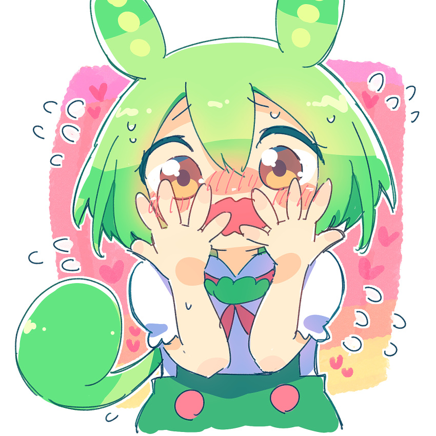 1girl animal_ears ayakashi_(monkeypanch) blush blush_stickers commentary_request covering_face double-parted_bangs elbows_together flying_sweatdrops furrowed_brow green_hair green_shorts hair_between_eyes highres long_hair looking_at_viewer low_ponytail nose_blush open_mouth pink_background puffy_short_sleeves puffy_sleeves shirt short_hair short_sleeves shorts solo suspender_shorts suspenders sweatdrop upper_body voicevox white_background white_shirt yellow_eyes zundamon