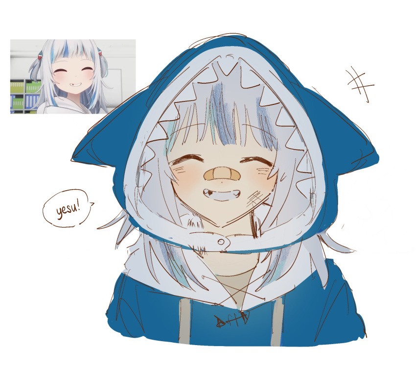 1girl :d ^_^ animal_costume animal_hood bandaid bandaid_on_face bandaid_on_nose blue_hoodie blunt_bangs clenched_teeth closed_eyes commentary cropped_torso dirty dirty_face drawstring english_commentary english_text gawr_gura gawr_gura_(1st_costume) grey_hair hair_ornament highres hololive hololive_english hood hood_up hoodie injury missing_tooth multicolored_hair reference_inset shark_girl shark_hair_ornament shark_hood sharp_teeth shew_(shew03) sketch smile solo speech_bubble streaked_hair teeth virtual_youtuber white_background