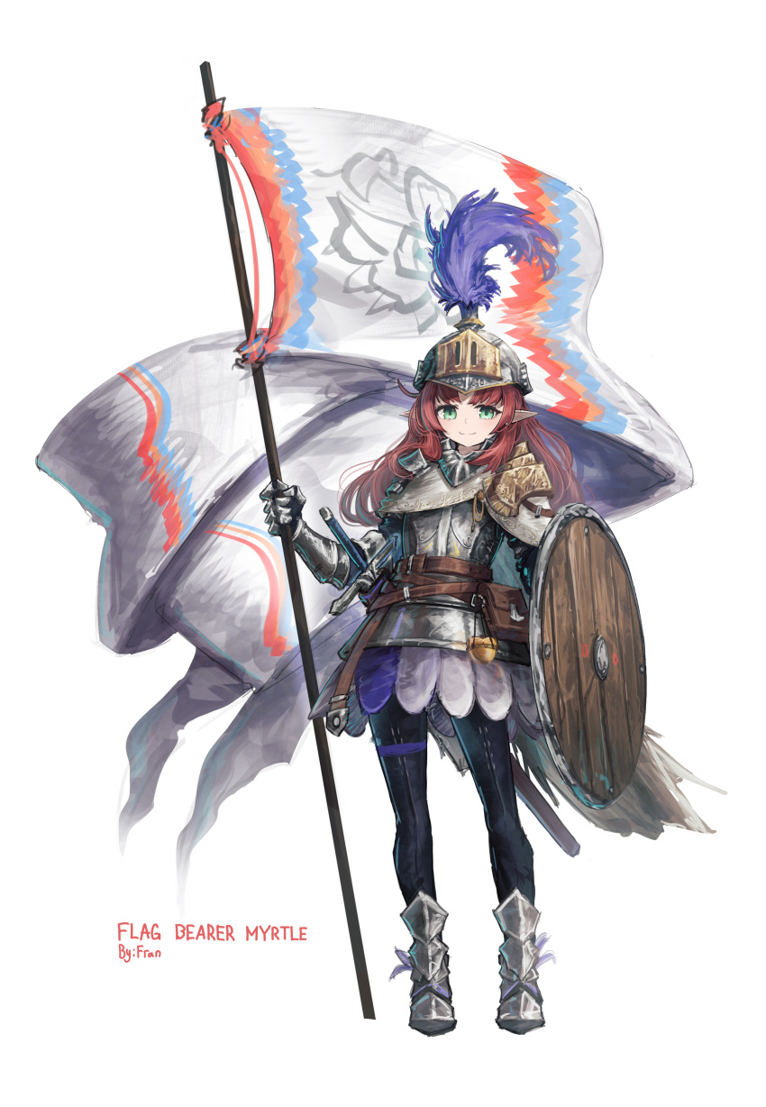 1girl absurdres arknights armor armored_boots armored_dress bag boots flag franlol gauntlets green_eyes helm helmet highres looking_at_viewer medieval myrtle_(arknights) plate_armor pointy_ears redhead shield shoulder_armor smile sword weapon wooden_shield