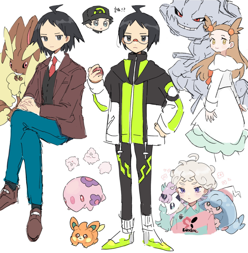 1girl 3boys ahoge bede_(pokemon) black_hair black_socks blonde_hair brown_footwear brown_jacket cheren_(pokemon) chibi chibi_inset closed_mouth collared_shirt commentary_request crossed_legs curly_hair eneko_(olavcnkrpucl16a) flower_(symbol) galarian_ponyta glasses green_pants hair_bobbles hair_ornament hand_on_own_hip hand_up hattrem highres holding igglybuff jacket jasmine_(pokemon) long_hair lopunny lucas_(pokemon) multiple_boys multiple_views munna necktie open_clothes open_jacket pants pawmi pokemon pokemon_(creature) pokemon_(game) pokemon_bdsp pokemon_bw pokemon_hgss pokemon_swsh shirt shoes short_hair sketch socks standing steelix two_side_up vest white_background white_shirt