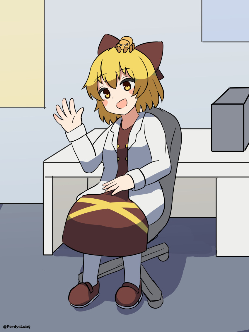 1girl :d absurdres animal_on_head blonde_hair bow brown_dress brown_footwear bug commentary commission dress english_commentary ferdy's_lab grey_background hair_bow highres jacket kurodani_yamame long_sleeves looking_at_viewer on_head open_mouth short_hair simple_background sitting smile spider touhou twitter_username white_jacket yellow_eyes