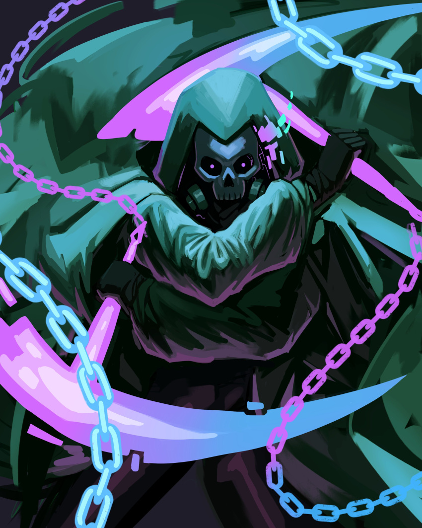 1boy absurdres black_gloves chain commission crossed_arms dark english_commentary fighting_stance gas_mask gloves glowing glowing_chain glowing_eyes glowing_weapon highres holding holding_weapon hood hood_up long_sleeves magic mask motion_blur original ronillust shaded_face skull_mask solo weapon weapon_request