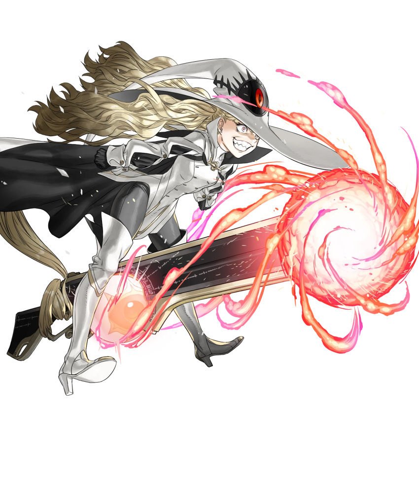 1girl artificial_eye blonde_hair boots brown_eyes buttons cape crazy_smile dress eitri_(fire_emblem) energy_gun evil_smile fire_emblem fire_emblem_heroes flat_chest floating floating_object full_body gloves glowing glowing_weapon gold_trim hat high_heel_boots high_heels highres kozaki_yuusuke long_hair mechanical_eye non-web_source official_art pantyhose parted_lips short_dress smile thigh_boots transparent_background very_long_hair weapon white_dress witch_hat