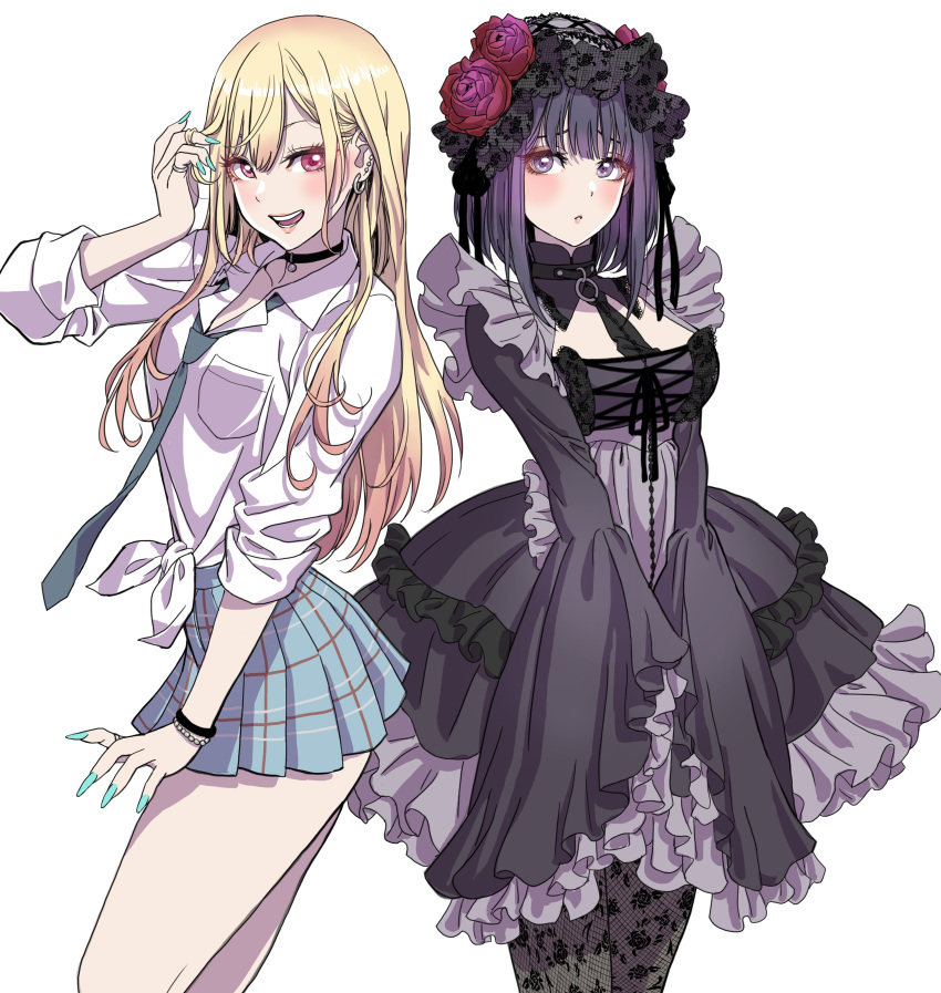 2girls absurdres animal_ears blonde_hair blush bow bowtie bracelet breast_pocket breasts choker commentary_request dress fingernails frilled_dress frills gothic_lolita gradient_hair hand_up highres jewelry kitagawa_marin kuroe_shizuku lips lolita_fashion long_hair long_sleeves looking_at_viewer medium_breasts multicolored_hair multiple_girls nail_polish necktie open_mouth pantyhose pink_hair pleated_skirt pocket purple_hair red_eyes ring shirt short_dress short_hair simple_background skirt sleeves_past_wrists sleeves_rolled_up smile sono_bisque_doll_wa_koi_wo_suru teeth thighs two-tone_hair upper_teeth_only violet_eyes white_background white_shirt wide_sleeves yamashita_shun'ya