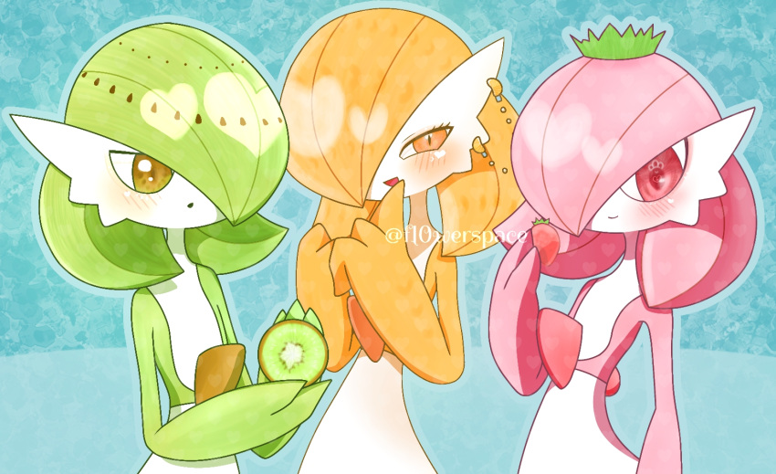 3girls alternate_color alternate_shiny_pokemon arm_at_side blue_background blue_outline blush bob_cut brown_eyes closed_mouth color_coordination colored_skin commentary_request earrings flat_chest food food-themed_earrings fruit gardevoir green_hair green_skin hair_over_one_eye half-closed_eyes hand_up hands_up happy heart heart-shaped_pupils holding holding_food holding_fruit index_finger_raised jewelry kiwi_(fruit) looking_at_viewer mandarin_orange multicolored_skin multiple_girls object_on_head one_eye_covered open_mouth orange_eyes orange_hair orange_skin outline own_hands_together pink_eyes pink_hair pink_skin pokemon pokemon_(creature) short_hair simple_background slit_pupils smile standing strawberry symbol-shaped_pupils two-tone_skin upper_body white_skin yuri_(fl0werspace)