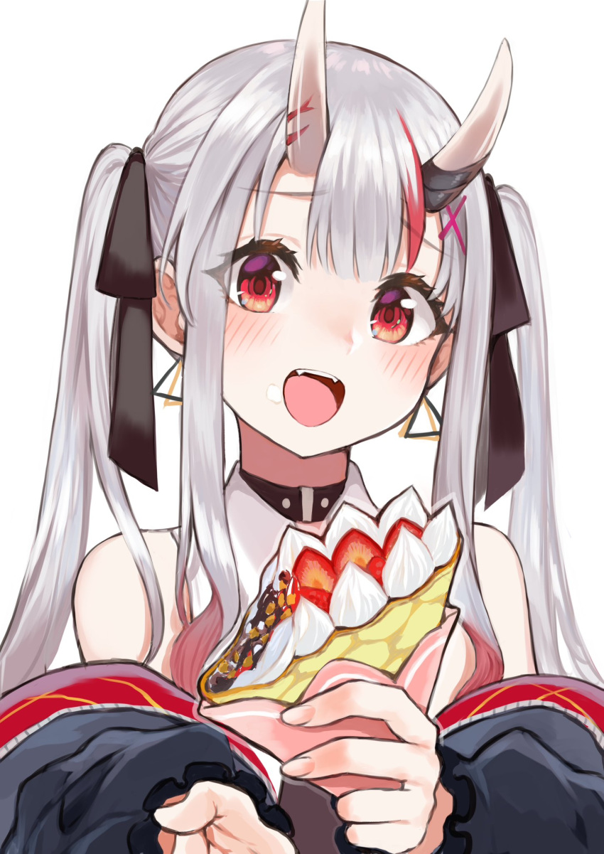 @-you_(you_2023_8_16) bare_shoulders crepe food hair_ribbon highres hololive horns jacket multicolored_hair nakiri_ayame nakiri_ayame_(5th_costume) official_alternate_costume oni oni_horns red_eyes redhead ribbon streaked_hair twintails virtual_youtuber white_hair