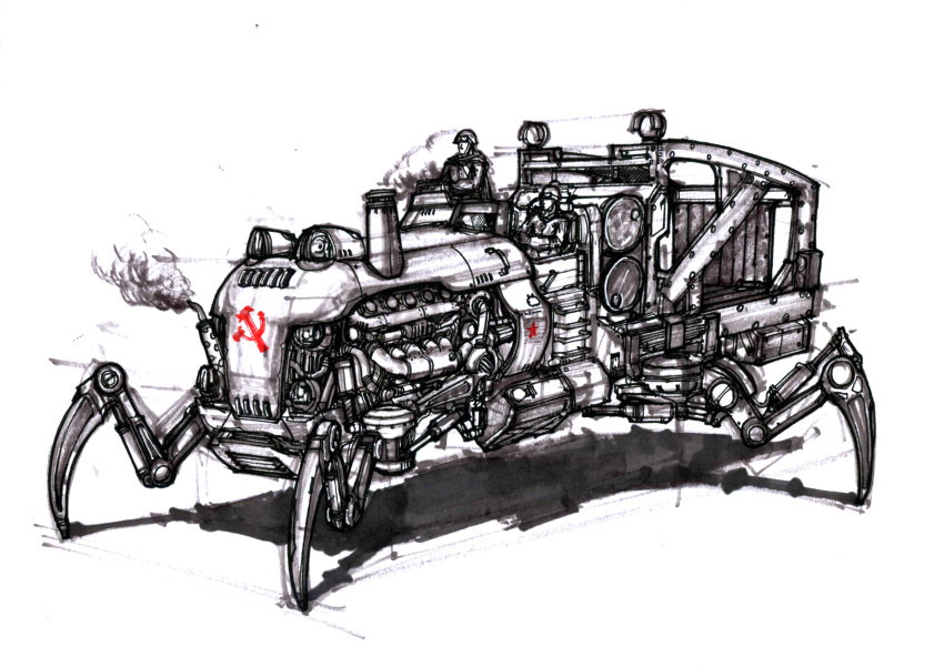 1boy alternate_universe cable cape chenlongque concept_art damaged dirty drum_(container) engine english_commentary exhaust fuel helmet highres light machinery marker_(medium) mecha military military_uniform military_vehicle motor_vehicle original pilot riding robot roundel science_fiction shadow sketch smoke soldier soviet soviet_army traditional_media uniform walker_(robot) world_war_ii