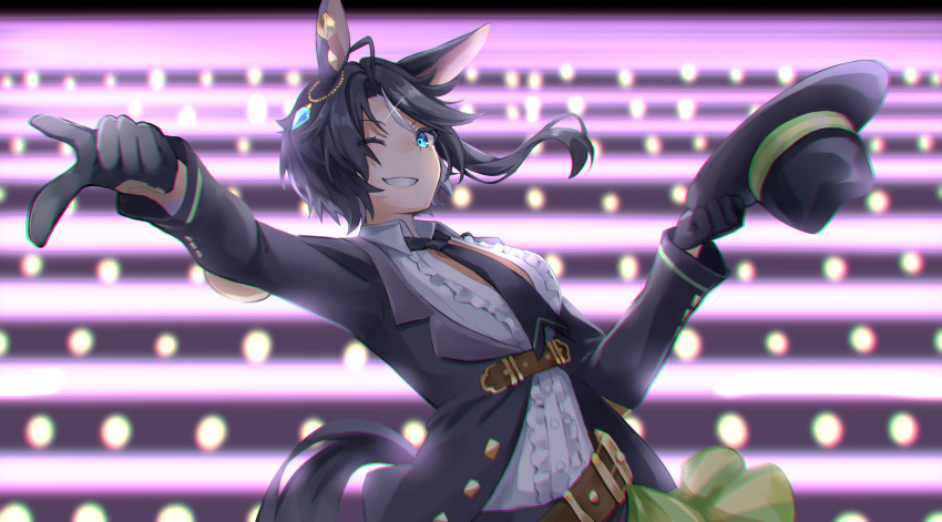 1girl animal_ears arm_up asymmetrical_hair backlighting black_gloves black_hair black_jacket black_necktie blue_gemstone blue_hair center_frills center_opening collared_shirt ear_ornament fedora floating_hair frilled_shirt frills fuji_kiseki_(umamusume) gem gloves grey_hair grin hand_up hat highres holding holding_clothes holding_hat horse_ears horse_girl horse_tail isobee jacket jewelry long_hair long_sleeves looking_at_viewer multicolored_hair necktie one_eye_closed open_clothes open_jacket outstretched_arm pointing shirt side_ponytail smile solo stage_lights tail two-tone_hair umamusume unworn_hat unworn_headwear upper_body white_shirt wing_collar