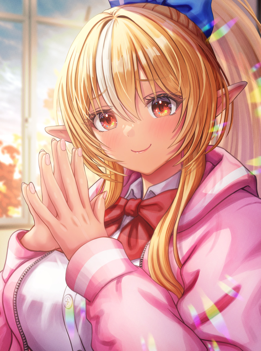 1girl absurdres blonde_hair blush bow breasts closed_mouth dark-skinned_female dark_skin elf hair_bow high_ponytail highres hololive long_hair looking_at_viewer multicolored_hair pointy_ears ponytail red_eyes school_uniform shiranui_flare smile solo streaked_hair virtual_youtuber wajuniorbox white_hair