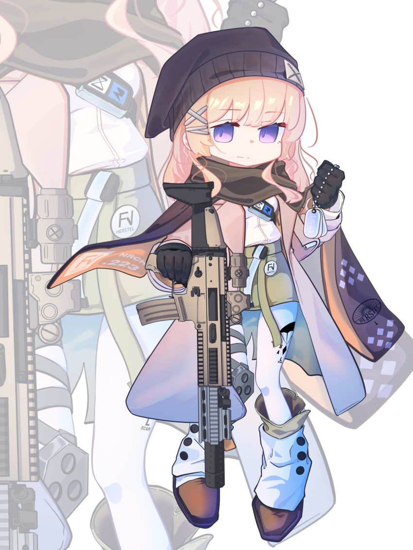 1girl assault_rifle beanie black_scarf blonde_hair boots breasts brown_coat brown_hair clenched_hand cloak closed_mouth coat fanny_pack fn_scar fn_scar_16 girls_frontline green_skirt gun hat hexaa highres holding holding_dog_tags holding_weapon knee_pads looking_at_viewer medium_breasts optical_sight pantyhose rifle scar-l_(girls'_frontline) scarf shirt shirt_tucked_in skirt smile solo_focus suppressor violet_eyes weapon white_pantyhose white_shirt