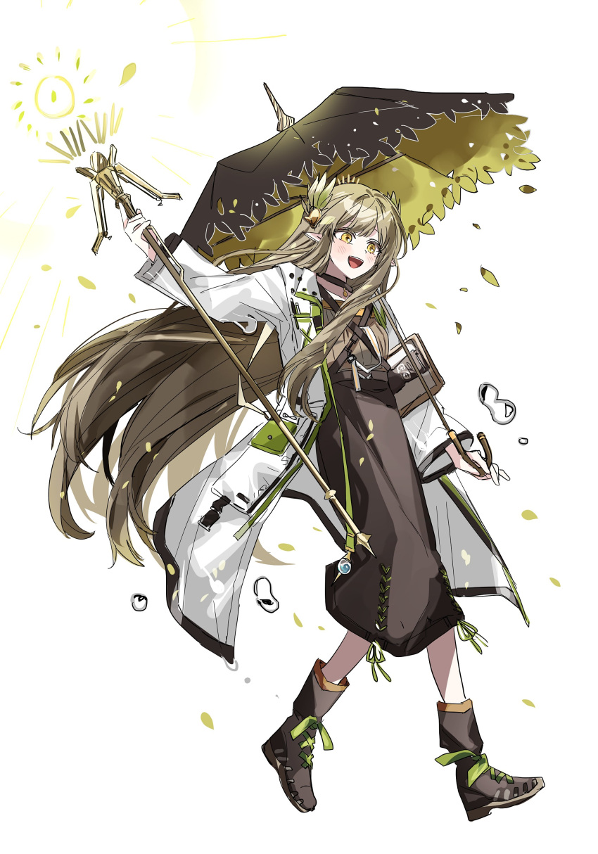 1girl absurdres arknights arm_up blush brown_dress brown_footwear bubble coat commentary dress full_body happy highres holding holding_staff holding_umbrella id_card lab_coat laurel_crown light_brown_hair long_hair looking_to_the_side muelsyse_(arknights) ok_o_o open_clothes open_coat open_mouth pointy_ears rhine_lab_logo running sidelocks simple_background smile solo staff tablet_pc umbrella very_long_hair white_background yellow_eyes