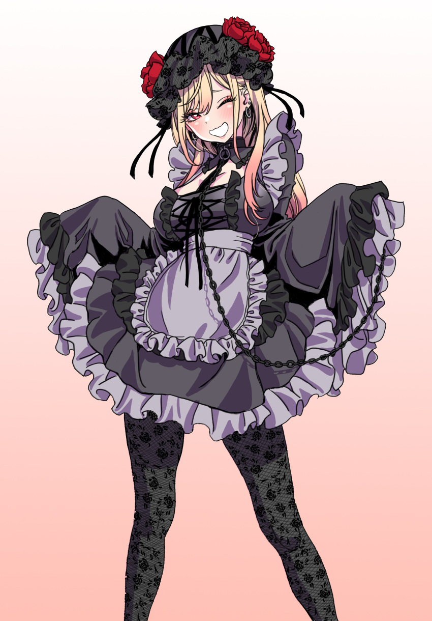 1girl absurdres apron blonde_hair bow bowtie breasts chain commentary_request cosplay dress earrings floral_print frilled_apron frilled_dress frills gothic_lolita gradient_background gradient_hair highres jewelry kitagawa_marin kuroe_shizuku kuroe_shizuku_(cosplay) large_breasts lolita_fashion long_hair long_sleeves looking_at_viewer multicolored_hair one_eye_closed pantyhose pink_background red_eyes simple_background skirt sleeves_past_wrists smile sono_bisque_doll_wa_koi_wo_suru waist_apron wide_sleeves yamashita_shun'ya