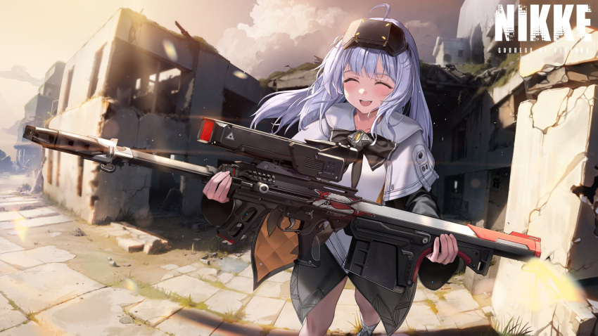 1girl anti-materiel_rifle blush closed_eyes commentary_request copyright_name day feet_out_of_frame goddess_of_victory:_nikke grey_hair gun highres holding holding_gun holding_weapon long_hair open_mouth outdoors pinkmill rifle smile sniper_rifle snow_white:_innocent_days_(nikke) solo standing teeth upper_teeth_only visor_(armor) weapon