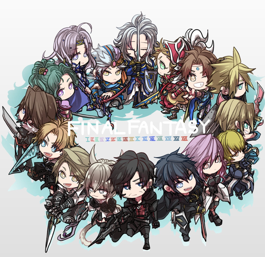 4girls 6+boys animal_ears bartz_klauser black_hair black_jacket blonde_hair blue_eyes brown_eyes brown_hair buster_sword cat_ears cat_tail cecil_harvey chibi clive_rosfield closed_eyes cloud_strife collared_shirt commentary_request copyright_name final_fantasy final_fantasy_i final_fantasy_ii final_fantasy_iii final_fantasy_iv final_fantasy_ix final_fantasy_v final_fantasy_vi final_fantasy_vii final_fantasy_viii final_fantasy_x final_fantasy_xi final_fantasy_xii final_fantasy_xiii final_fantasy_xiv final_fantasy_xv final_fantasy_xvi firion full_body fur-trimmed_jacket fur_trim green_hair grey_eyes grey_hair gunblade helmet high_ponytail highres holding holding_sword holding_weapon jacket lightning_farron long_hair looking_at_viewer medium_hair multiple_boys multiple_girls noctis_lucis_caelum one_eye_closed onion_knight oshibainoticket parted_bangs pink_hair red_armor red_headwear shantotto shirt short_hair spiky_hair squall_leonhart swept_bangs sword tail terra_branford tidus vaan violet_eyes warrior_of_light_(ff1) weapon white_shirt y'shtola_rhul yellow_eyes zidane_tribal