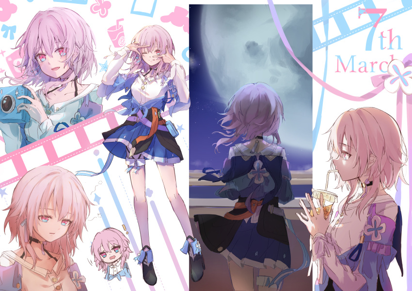 ! 1girl :d ;p absurdres blue_eyes camera chibi chibi_inset choker cup drinking drinking_straw earrings from_behind from_side full_body highres holding holding_camera holding_cup honkai:_star_rail honkai_(series) huiyuan_(hf0972) jewelry march_7th_(honkai:_star_rail) one_eye_closed pink_eyes pink_hair pleated_skirt skirt smile tassel tassel_earrings thigh_strap tongue tongue_out two-tone_eyes