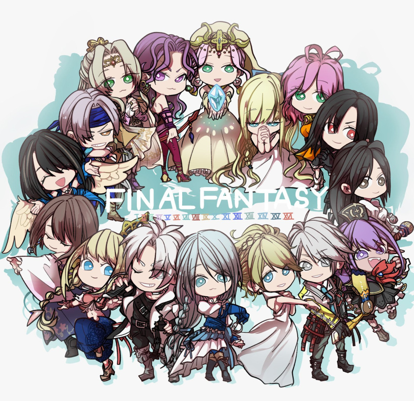 3boys 6+girls aqua_necktie black_hair black_headwear blonde_hair blue_eyes blue_headband braid brown_eyes brown_hair chibi closed_eyes closed_mouth commentary_request copyright_name crown_braid crystal dress earrings feathered_wings final_fantasy final_fantasy_i final_fantasy_ii final_fantasy_iii final_fantasy_iv final_fantasy_ix final_fantasy_v final_fantasy_vi final_fantasy_vii final_fantasy_viii final_fantasy_x final_fantasy_xi final_fantasy_xii final_fantasy_xiii final_fantasy_xiv final_fantasy_xv final_fantasy_xvi full_body garnet_til_alexandros_xvii gloves green_eyes grey_eyes grey_hair headband highres hope_estheim jacket jewelry jill_warrick lenna_charlotte_tycoon locke_cole long_hair looking_at_viewer lunafreya_nox_fleuret maria_(ff2) medium_hair multiple_boys multiple_girls necktie open_clothes open_jacket open_mouth orange_dress oshibainoticket own_hands_together parted_bangs penelo pink_eyes pink_hair praying princess princess_sarah prishe purple_hair red_eyes rinoa_heartilly rosa_farrell sara_altney short_hair single_braid swept_bangs thancred_waters tiara tifa_lockhart violet_eyes white_dress white_jacket wings yellow_dress yuna_(ff10)