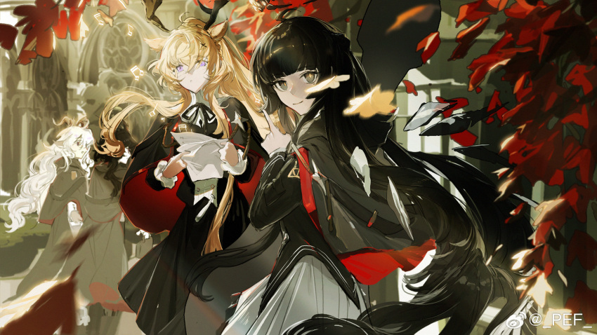 2boys 2girls ahoge animal_ears antlers architecture arknights artist_name autumn_leaves belt black_belt black_capelet black_eyes black_hair black_halo black_jacket black_ribbon black_shirt black_skirt black_wings blonde_hair blunt_bangs blurry blurry_background blurry_foreground broken_halo buttons capelet chinese_commentary closed_mouth commentary_request cowboy_shot dark_halo day deer_antlers deer_ears deer_girl depth_of_field detached_wings dress_shirt ebenholz_(arknights) emblem energy_wings expressionless facing_viewer falling_leaves floating_hair from_side goat_boy goat_ears goat_horns grey_skirt hair_between_eyes hair_ornament halo hand_up hands_up hedge high_collar highres hime_cut holding holding_paper horns index_finger_raised jacket kreide_(arknights) leaf light_rays light_smile long_hair long_skirt long_sleeves looking_afar looking_ahead looking_at_another looking_at_viewer mole mole_under_eye multicolored_capelet multiple_boys multiple_girls musical_note neck_ribbon outdoors pale_skin paper parted_lips pef pleated_skirt pocket profile red_capelet ribbon see-through shade shadow sheet_music shirt sidelocks skirt sunlight two-tone_capelet very_long_hair violet_eyes virtuosa_(arknights) viviana_(arknights) watermark wavy_hair weibo_logo weibo_username white_hair wind wings x_hair_ornament