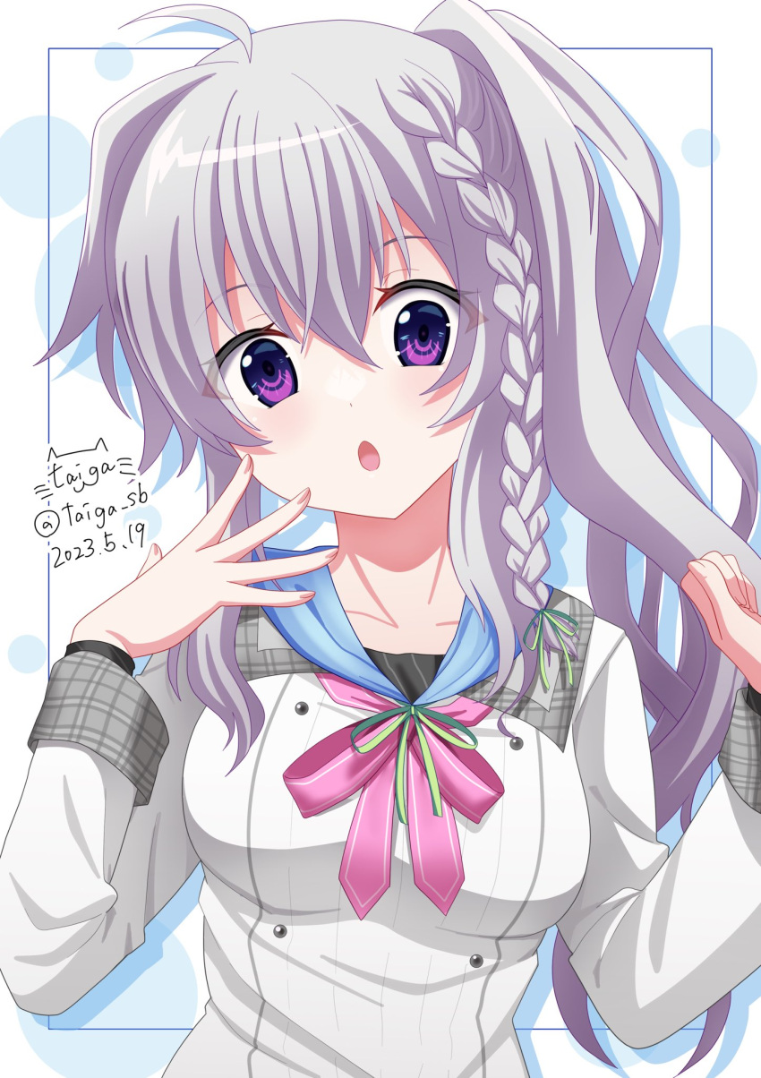 1girl 2023 9-nine- :o ahoge blush braid breasts clenched_hand collar commentary dated dress drop_shadow eyelashes eyes_visible_through_hair fingernails green_ribbon grey_collar grey_hair hair_between_eyes hair_ribbon hands_up happy_birthday head_tilt highres long_hair long_sleeves looking_at_viewer medium_breasts niimi_sora open_hand open_mouth pink_ribbon ribbon school_uniform side_ponytail sidelocks signature simple_background single_braid solo surprised taiga_sb twitter_username upper_body violet_eyes wavy_hair white_background white_dress wide-eyed