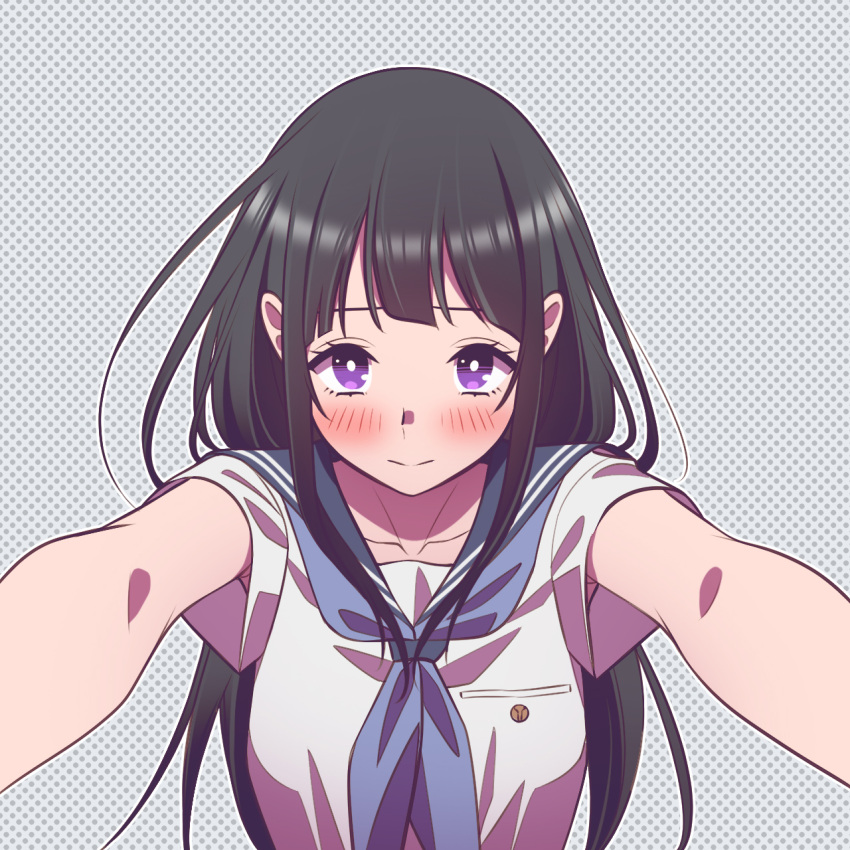 1girl andrian_januar_adilia black_hair blue_neckerchief blue_sailor_collar blush breast_pocket bright_pupils chitanda_eru closed_mouth collarbone commentary_request foreshortening hands_up highres hyouka indonesian_commentary kamiyama_high_school_uniform_(hyouka) long_hair looking_at_viewer neckerchief pink_background pocket polka_dot polka_dot_background reaching reaching_towards_viewer sailor_collar school_uniform shirt short_sleeves solo split_mouth upper_body violet_eyes white_background white_shirt