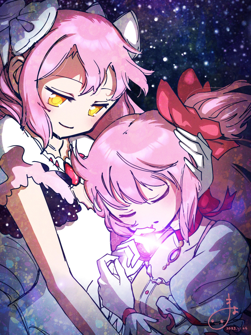 2girls absurdres bow caress closed_eyes closed_mouth commentary dated dress dual_persona gloves goddess_madoka hair_bow hands_up head_rest highres holding holding_another's_head kaname_madoka magical_girl mahou_shoujo_madoka_magica mahou_shoujo_madoka_magica_(anime) medium_hair multiple_girls nmaywo pink_hair puffy_sleeves red_bow short_sleeves sidelocks signature smile soul_gem space twintails upper_body white_bow white_gloves yellow_eyes