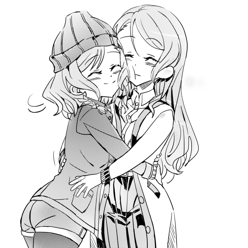 2girls bang_dream! braid buttons closed_eyes coat collared_shirt commentary_request cutoff_jeans cutoffs greyscale hand_on_another's_waist hat highres hug jacket junjun_(kimi-la) long_hair medium_hair monochrome multiple_girls nuzzle pantyhose pleated_skirt shirt siblings sisters skirt twin_braids twins