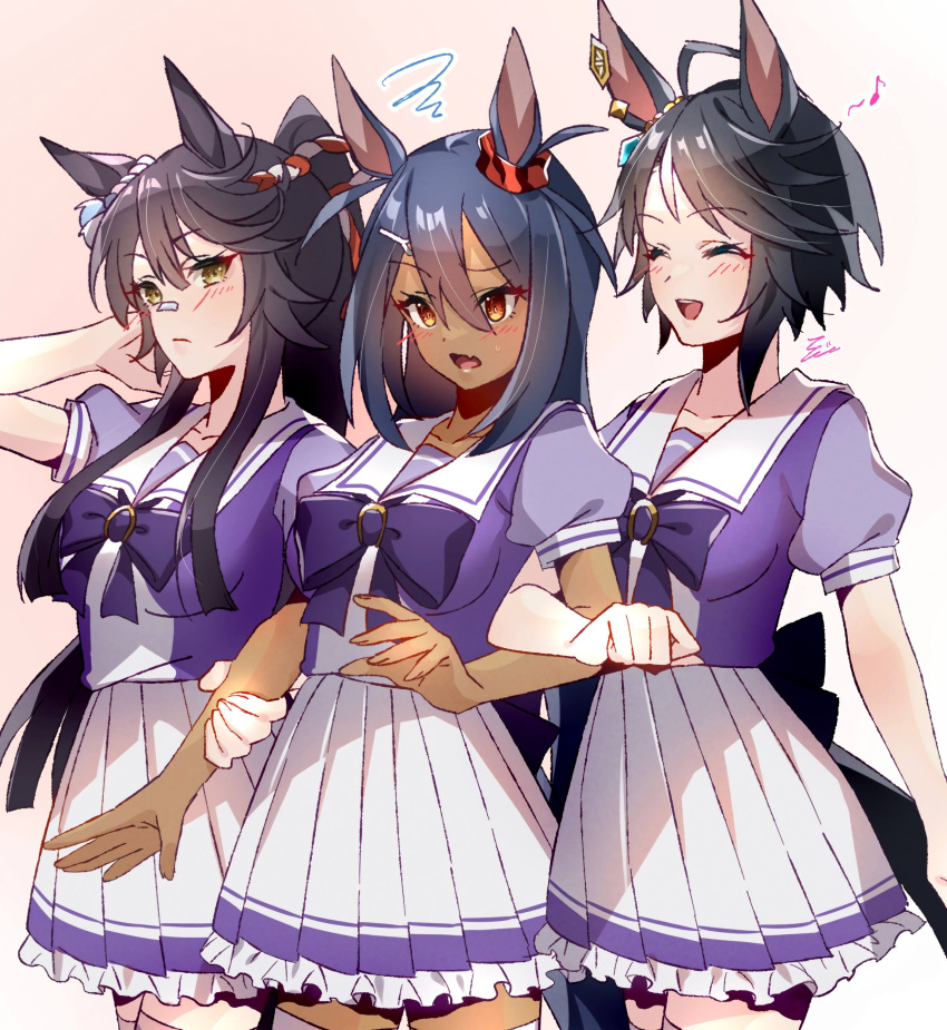 3girls absurdres ahoge animal_ears arm_at_side arm_grab arm_up bandaid bandaid_on_face bandaid_on_nose black_hair bow bowtie brown_eyes closed_eyes closed_mouth cowboy_shot dark-skinned_female dark_skin double-parted_bangs facing_another fang fingernails fuji_kiseki_(umamusume) hair_between_eyes hair_ornament hairclip high_ponytail highres hishi_amazon_(umamusume) horse_ears horse_girl horse_tail jewelry locked_arms miniskirt multicolored_hair multiple_girls musical_note narita_brian_(umamusume) nd_(nuuchadon10) open_mouth pleated_skirt raised_eyebrow school_uniform shirt short_sleeves side-by-side skin_fang skirt smile squiggle tail thigh-highs tracen_school_uniform two-tone_hair umamusume white_hair yellow_eyes zettai_ryouiki