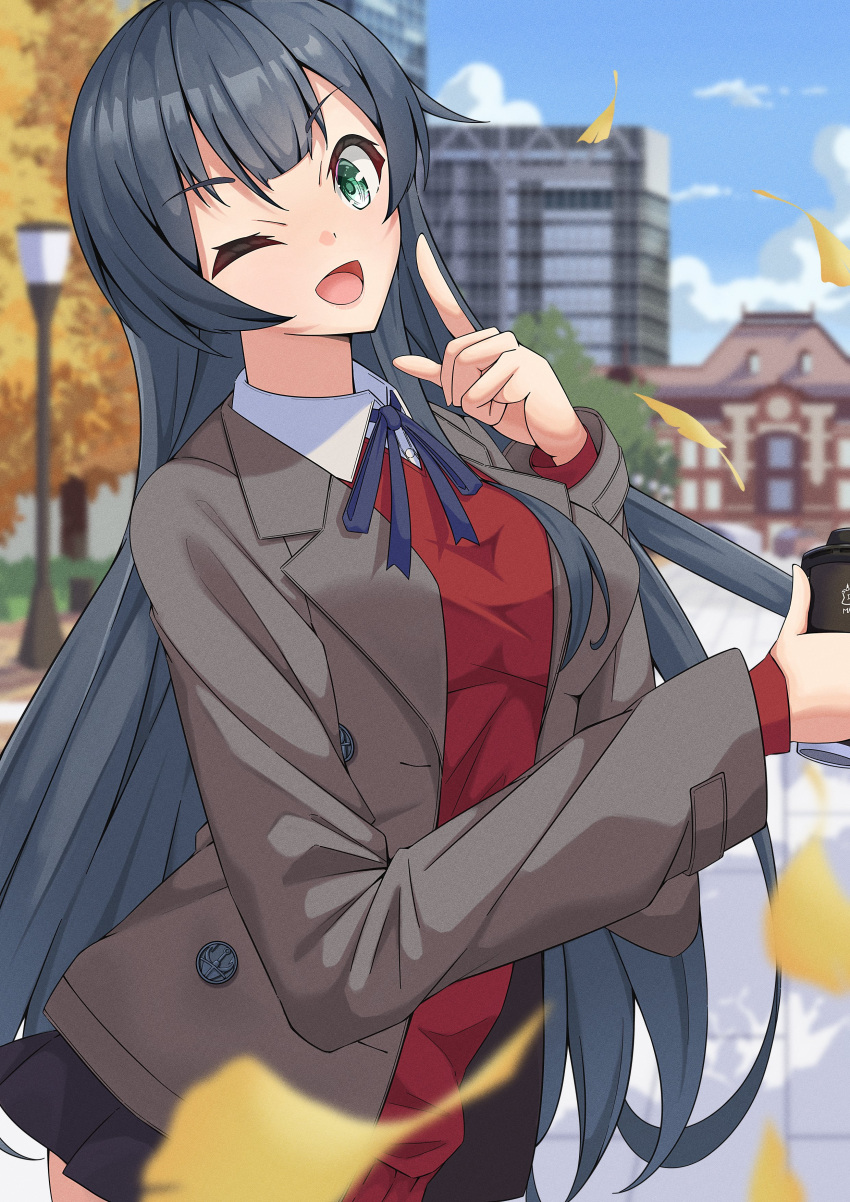 1girl absurdres agano_(kancolle) autumn_leaves black_hair blazer blue_sky building clouds day ginkgo_leaf green_eyes grey_jacket highres jacket kantai_collection kikuchi-shoogo leaf long_hair looking_at_viewer one_eye_closed outdoors red_shirt shirt sky smile solo