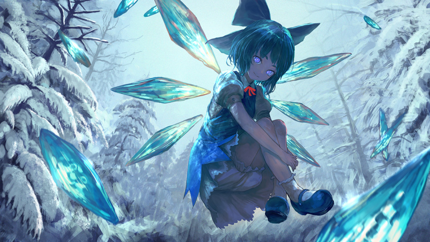 1girl backlighting bare_tree bloomers blue_bow blue_dress blue_eyes blue_footwear blue_hair bow cirno collared_shirt cryokinesis dress hair_bow hugging_own_legs ice ice_shard ice_wings looking_at_viewer mary_janes matumasima midair neck_ribbon petticoat pinafore_dress pine_tree puffy_short_sleeves puffy_sleeves red_ribbon ribbon shirt shoes short_hair short_sleeves sleeveless sleeveless_dress smile snow socks solo touhou tree white_shirt white_socks wings winter