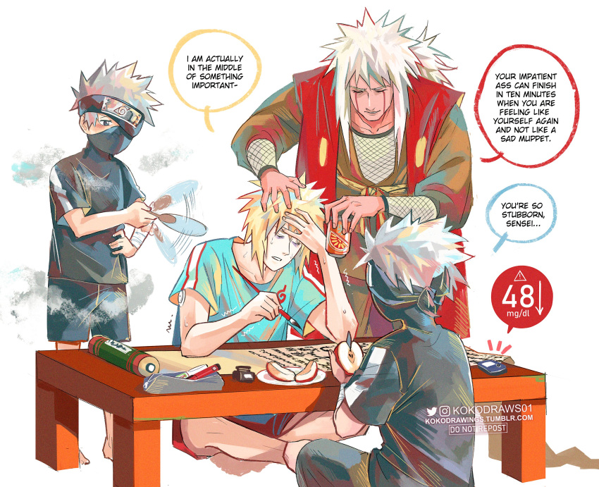 3boys absurdres blonde_hair english_text grey_hair hatake_kakashi highres jiraiya_(naruto) kokodrawings long_hair male_focus multiple_boys namikaze_minato naruto_(series) spiky_hair sweat teacher_and_student white_hair