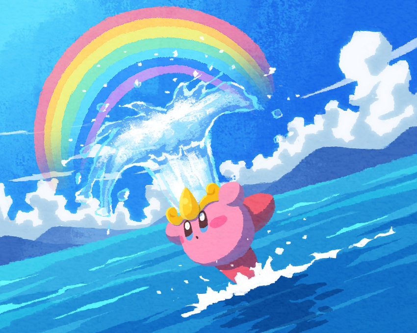 1other blue_eyes blue_sky blush_stickers clouds crown kirby kirby_(series) miclot mountainous_horizon no_humans ocean open_mouth rainbow sky standing standing_on_one_leg water water_kirby