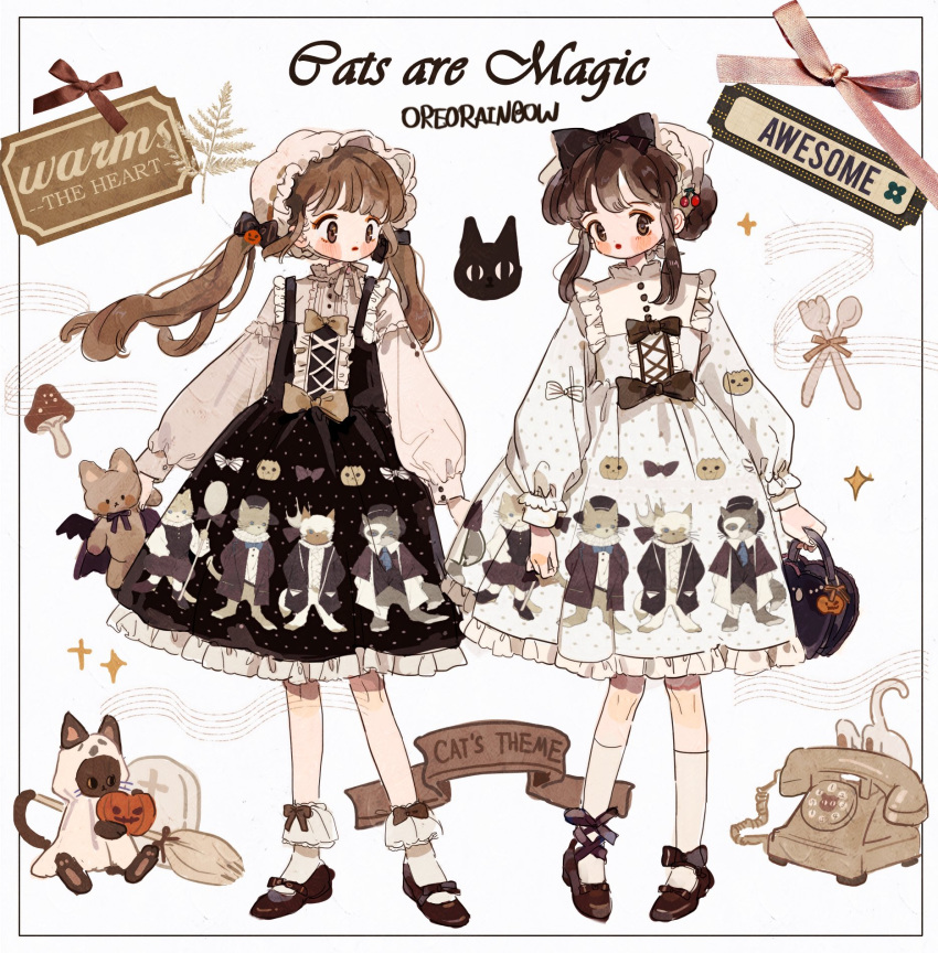 2girls animal_print antique_phone artist_name bag bandana banner black_bag black_bow black_cat black_dress blush_stickers bonnet border bow bow_print bowtie broom brown_bow brown_bowtie brown_eyes brown_footwear brown_hair buttons cat cat_print center_frills cherry_hair_ornament choker collar collared_dress cross-laced_clothes cross-laced_dress dress english_text food-themed_hair_ornament footwear_bow fork frilled_choker frilled_collar frilled_dress frilled_headwear frills full_body hair_bow hair_bun hair_ornament handbag high_heels highres holding holding_bag holding_stuffed_toy jack-o'-lantern jack-o'-lantern_hair_ornament kneehighs lolita_fashion long_sleeves looking_at_viewer mary_janes medium_dress medium_hair multiple_girls neck_ribbon open_mouth original polka_dot polka_dot_dress puffy_long_sleeves puffy_sleeves pumpkin pumps putong_xiao_gou ribbon shirt shoes short_hair_with_long_locks single_hair_bun sleeveless sleeveless_dress socks spoon stuffed_animal stuffed_cat stuffed_toy tombstone twintails waist_bow wheat white_background white_bandana white_border white_cat white_choker white_collar white_dress white_headwear white_ribbon white_shirt white_socks