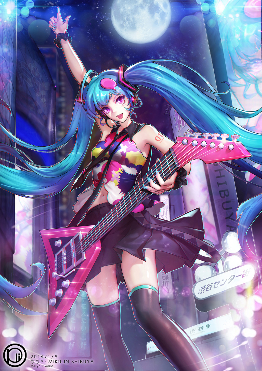 1girl absurdres arm_up blue_hair chromatic_aberration city commentary_request copyright_name dated duplicate electric_guitar guitar hatsune_miku headset highres instrument long_hair looking_at_viewer nail_polish necktie night oop open_mouth photoshop_(medium) pixel-perfect_duplicate shibuya_(tokyo) skirt solo sparkle tell_your_world_(vocaloid) thigh-highs twintails very_long_hair violet_eyes vocaloid