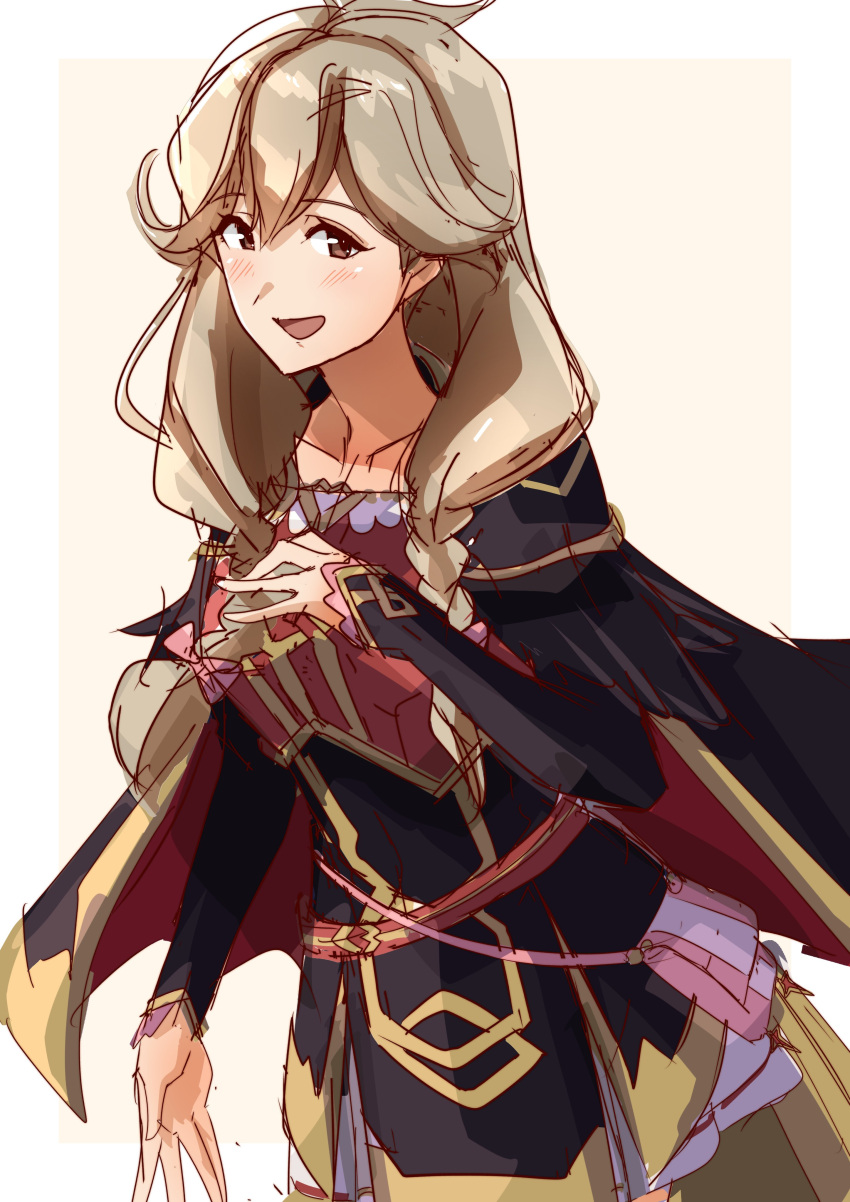 1girl absurdres alternate_costume black_bridal_gauntlets blush braid bridal_gauntlets brown_background brown_eyes brown_hair dress faye_(fire_emblem) fire_emblem fire_emblem_echoes:_shadows_of_valentia fire_emblem_heroes hair_ornament highres looking_at_viewer nintendo official_alternate_costume open_mouth smile solo to_(tototo_tk) twin_braids
