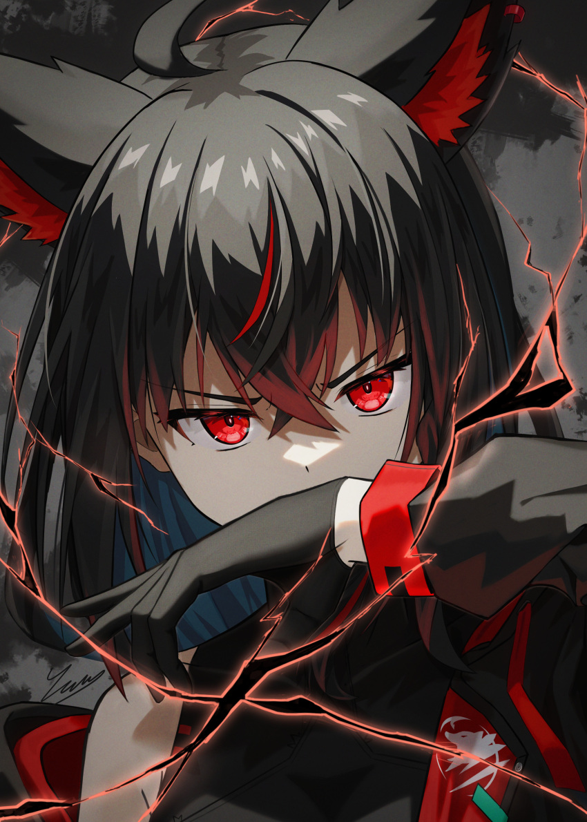 1girl absurdres ahoge animal_ear_fluff animal_ears black_gloves black_hair black_jacket covering_mouth energy fox_ears gloves hair_between_eyes hand_over_own_mouth highres hololive jacket kurokami_fubuki looking_at_viewer multicolored_hair nagae_yama portrait red_eyes redhead single_off_shoulder solo streaked_hair v-shaped_eyebrows virtual_youtuber wiping_mouth